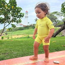Load image into Gallery viewer, 2.5mm Sunny Yellow Ultrasoft Baby, Toddler, and Kids Yamamoto Shortsleeve Shorty Wetsuit
